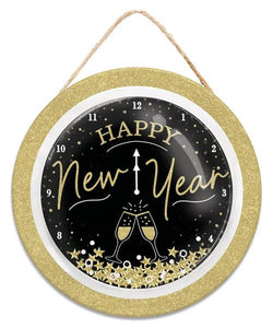 10.5" Dia. Happy New Year Clock Globe Sign, Black/White/Gold  SPE