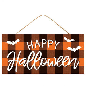 12.5"L x 6"H Happy Halloween Check Sign, Black/White/Orange  WS3
