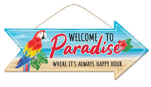 16"Lx6.5"H Welcome To Paradise Sign, Pink/Yellow/Black/White/Green/Blue  WS1