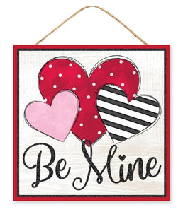 10"SQ Be Mine Glitter Hearts Sign, Red/Pink/Black/White  WS4