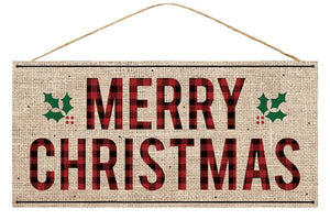 12.5"L x 6"H Merry Christmas Burlap Sign, Natural/Green/Black/Red  SPE