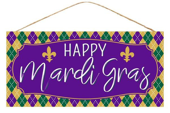 12.5”Lx6”H Happy Mardi Gras Sign, Purple/Gold/Green/White  WS3