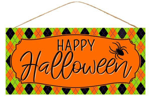 12.5"L x 6"H Happy Halloween Harlequin Sign, Orange/Black/Lime/Purple  SPE