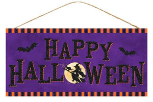 12.5"L x 6"H Happy Halloween Sign w/Striped Edge, Orange/Purple/Black/Soft Yellow  WS5