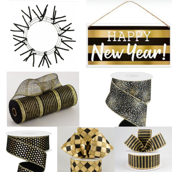 Wreath Kit, Happy New Year, Black/Gold/White  ***OUT FOR THE SEASON***