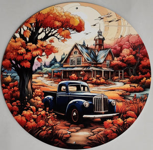 8" Round Aluminum Fall Farmhouse w/Black Truck Sign, Orange/Black/Tan/White/Brown  WS5A