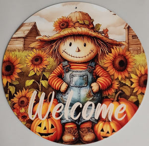 8" Round Aluminum Welcome Scarecrow in Pumpkin Patch w/Sunflowers Sign, Orange/Brown/Tan/Beige/Blue Denim/Green WS5A ***ARRIVING 30+ DAYS***