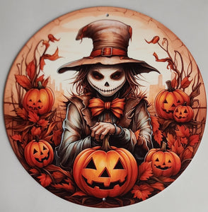 8" Round Aluminum Scary Scarecrow w/Pumpkins Sign, Orange/Brown/Tan/Ivory/Black WS5A ***ARRIVING 30+ DAYS***