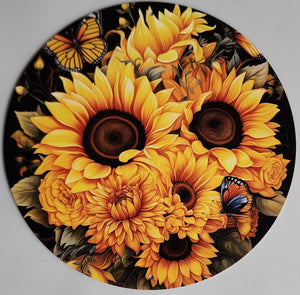 8" Round Aluminum Sunflowers w/Butterflies Sign, Yellow/Orange/Brown/Blue/Green/Black/White  WS5A ***OUT FOR THE SEASON***