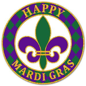 12" Round Metal Happy Mardi Gras Sign, Emerald Green/Purple/Antique Gold  WS5
