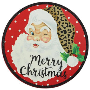 12" Round Metal Glitter Merry Christmas/ Santa Sign, Red/White/Black/Tan/Green  WS5