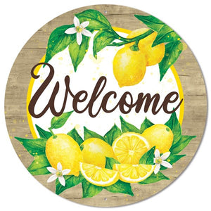 12" Round Metal Welcome w/Lemons And Wood Border Sign, Yellow/Green/White/Brown  WS5