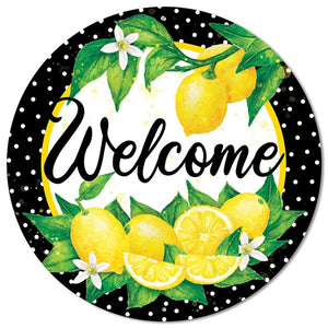 12" Round Metal Welcome w/Lemons And Polka Dot Border Sign, Yellow/Green/White/Black  WS5