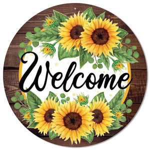 12" Round Metal Welcome w/Sunflowers And Wood Border Sign, Yellow/Moss/Brown/White/Black  WS5
