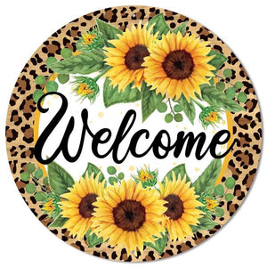 12" Round Metal Welcome w/Sunflowers and Leopard Sign, Yellow/Moss/Brown/Tan/White/Black  WS5