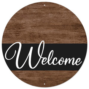 12"Round Metal Welcome Brown Wood Sign, Brown/Black/White  WS5