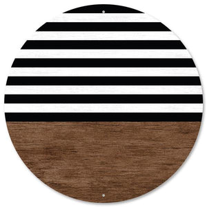 12"Round Metal White Wood Look Sign, Black/Brown/White  WS5