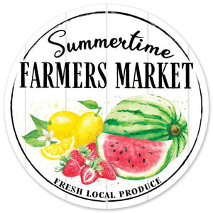 12" Round Metal Summertime Farmers Market Sign, White/Yellow/Green/Red/Black  WS5