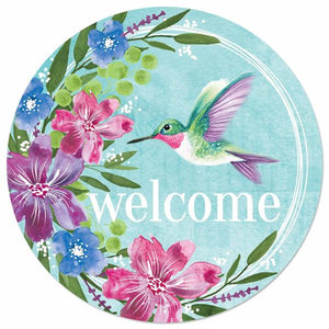 12" Round Metal Hummingbird Welcome w/Florals Sign, Blue/Green/Lavender/Hot Pink/Purple/White  WS5