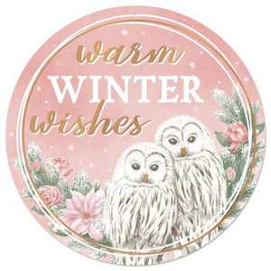 12" Round Metal Warm Winter Wishes Sign, Rose/Sage/Grey/White/Gold  WS5