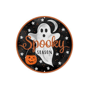 8" Round Metal Glitter Spooky Ghost Sign, Black/White/Orange  WS5