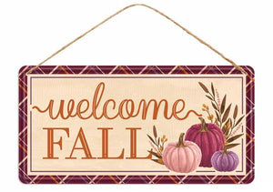 12"L x 6"H Embossed Welcome Fall Tin Sign, Cream/Orange/Burgundy/Mulberry/Brown  WS3