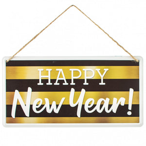 12"L x 6"H Tin Happy New Year Sign, Black/Gold/White  WS3