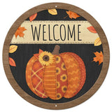 12" Round Metal Welcome/Quilted Pumpkin Sign, Black/Charcoal/Orange/Brown  WS5