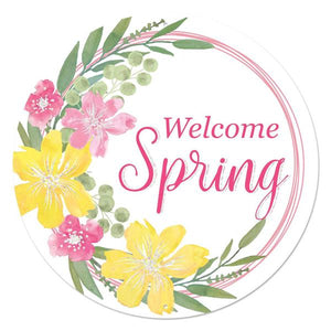 12" Round Metal Welcome Spring Glitter Sign, White/Yellow/Pink/Green  WS5