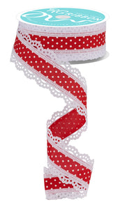 1.5"x10yd Raised Swiss Dots On Royal Burlap w/Lace, Red/White  ***ARRIVING FALL 2024***