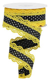 1.5"x10yd Raised Swiss Dots On Royal Burlap w/Lace, Black/Yellow  AP22