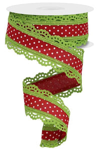 1.5"x10yd Raised Swiss Dots On Royal Burlap w/Lace, Red/White/Lime Green  JA1
