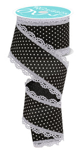 2.5"x10yd Raised Swiss Dots On Royal Burlap w/Lace, Black/White  ***ARRIVING SUMMER 2024***