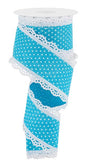 2.5"x10yd Raised Swiss Dots On Royal Burlap w/Lace, Turquoise/White  MY60