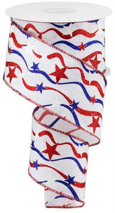2.5"x10yd Stars And Wavy Stripes On Royal Burlap, White/Red/Blue  MA89