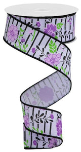 1.5"x10yd Floral Lines On Royal Burlap, Light Lavender/Black/Green/Lavender  MA89