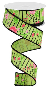 1.5"x10yd Floral Lines On Royal Burlap, Fresh Green/Lime Green/Pink/Hot Pink/Black  MA94