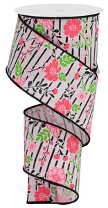 2.5"x10yd Floral Lines On Royal Burlap, Pink/Light Pink/Hot Pink/Green/Black  MA94