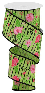 2.5"x10yd Floral Lines On Royal Burlap, Fresh Green/Lime Green/Pink/Hot Pink/Black  MA92