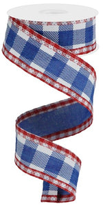 1.5" x 10yd Striped Check w/Gingham Edge, Royal Blue/White/Red  ***ARRIVING 7 DAYS***
