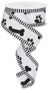 1.5"x10yd Paw Prints And Bones w/Thin Stripe On Royal Burlap, White/Black  ***ARRIVING FALL 2024***