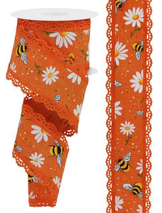 2.5"x10yd Bumble Bees And Daisies On Linen w/Lace, Bright Orange/White/Yellow/Green/Black  NV11