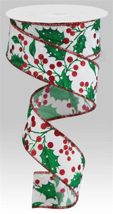 1.5"x10yd Holly Leaves w/Berries, White/Red/Emerald Green/Ivory  JY17