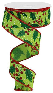 1.5"x10yd Holly Leaves w/Berries, Lime Green/Red/Emerald Green/Ivory  JY17D