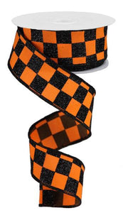 1.5"x10yd Glitter Check, Orange/Black  JY18