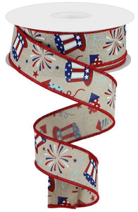 1.5"x10yd Uncle Sam Stars And Fireworks On Royal Burlap, Light Natural/Red/White/Blue  MA56