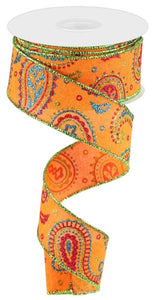 1.5"x10yd Paisley On Royal Burlap, Orange/Lime Green/Hot Pink/Turquoise  MA54