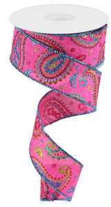 1.5"x10yd Paisley On Royal Burlap, Pink/Lime Green/Hot Pink/Turquoise  MA54
