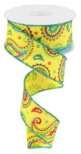 1.5"x10yd Paisley On Royal Burlap, Sun Yellow/Lime Green/Hot Pink/Turquoise  MA54