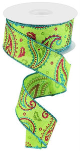1.5"x10yd Paisley On Royal Burlap, Lime Green/Hot Pink/Turquoise  MA53